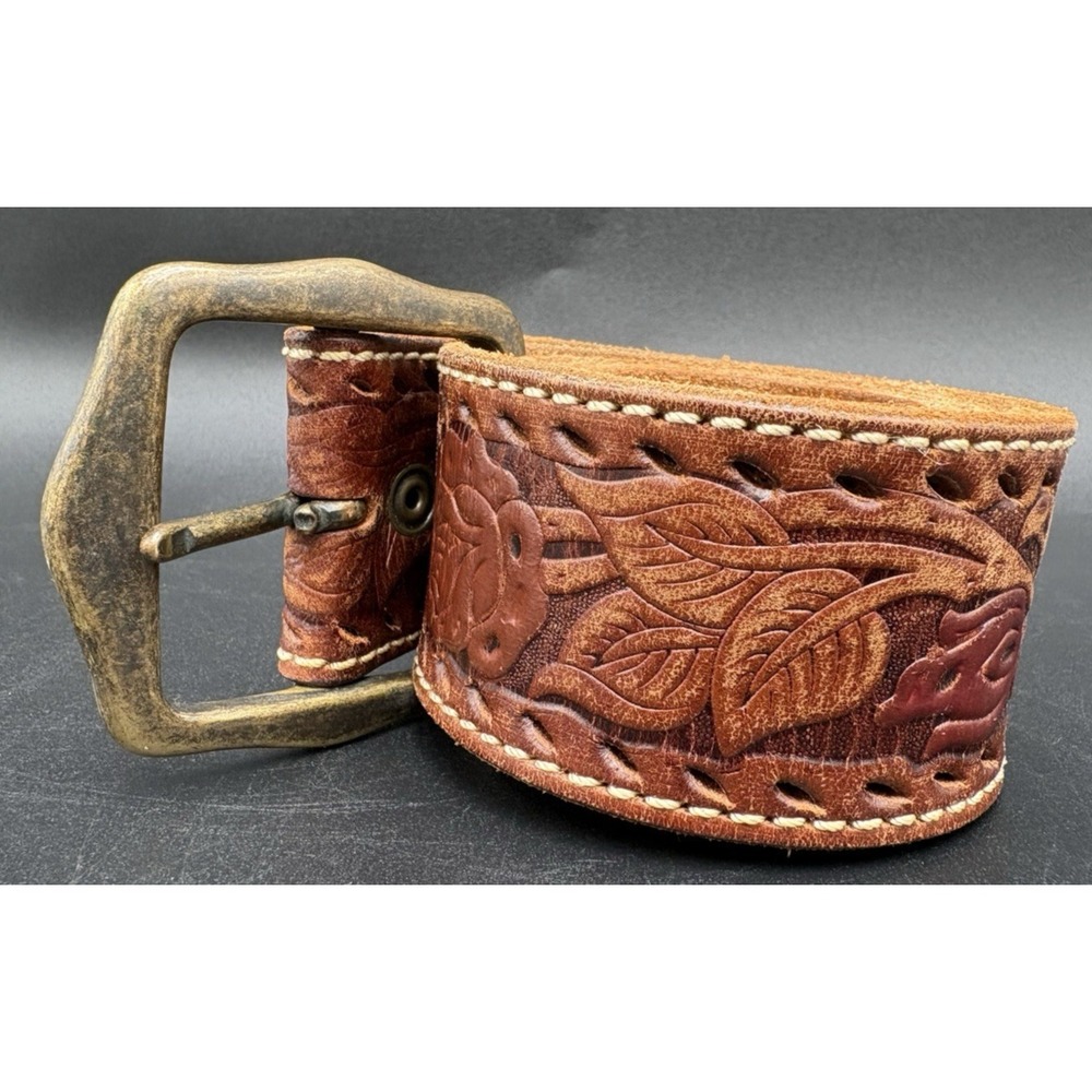 Vtg Y2K Women's Belt Abercrombie Brown Leather Belt Embossed Floral 35" Brass